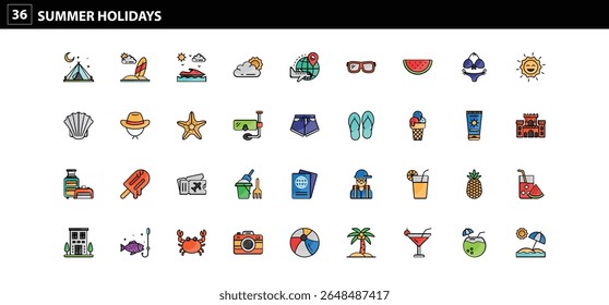 36 Summer Holiday Icons: Essential Visuals for Beach, Travel, Recreation, and Outdoor Activities
