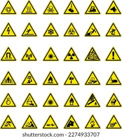 36 symbols triangular warning hazard. Big yellow. worning sign.