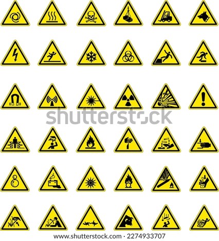 36 symbols triangular warning hazard. Big yellow. worning sign.