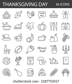 36 thanksgiving day thin line icon set. Holiday diner, food, drink vector linear symbol pack. graphic collection. 