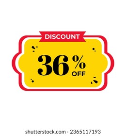 36%, thirty six percent. Discount banner shape. Sale coupon. Red and yellow tag. Special offer badge. Modern concept design. Tag with offer badge. Vector