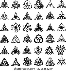 36 Triangular patterns-templates for cutting. Silhouettes of simple doodle ornaments. Three-ray stars, flowers and abstractions. Isolated black drawings on a white background.