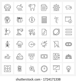 36 Universal Line Icons for Web and Mobile essentials; gear; teeth; meal; food Vector Illustration
