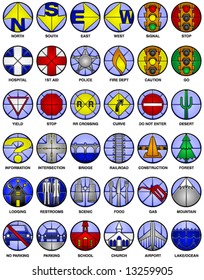 36 vector icons of common map symbols in beveled glass style