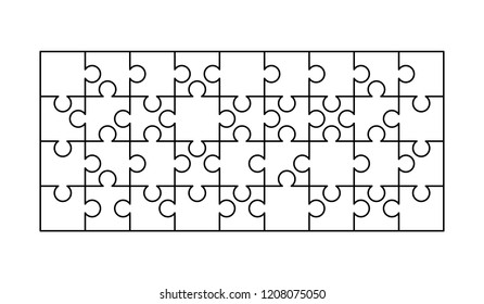 36 white puzzles pieces arranged in a rectangle shape. Jigsaw Puzzle template ready for print. Cutting guidelines isolated on white