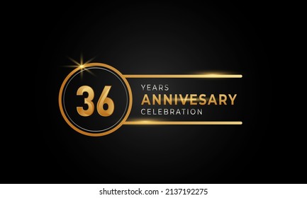 36 Year Anniversary Celebration Golden and Silver Color with Circle Ring for Celebration Event, Wedding, Greeting card, and Invitation Isolated on Black Background