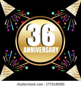 Celebración del 36 aniversario, diseño vectorial para celebraciones, tarjetas de invitación y tarjetas de felicitación