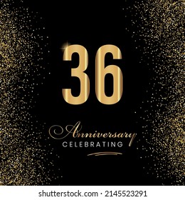36 Year Anniversary Celebration Vector Template Design Illustration. 36 years golden anniversary sign. Gold glitter celebration. Light bright symbol for event, invitation, award, ceremony, greeting.