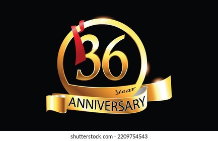 36 Year Anniversary celebration Vector Design with ring and red ribbon. 36th Anniversary celebration. Gold Luxury Banner of 36th Anniversary celebration. thirty-sixth celebration card. 