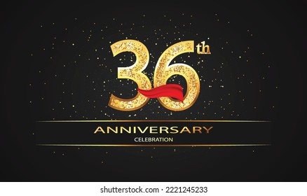 Celebración del 36 Aniversario del Diseño Vector con cinta roja y brillo. Celebración del 36° Aniversario. Banner Gold Luxury del 36º aniversario. tarjeta de celebración