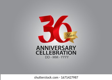 36 Year Anniversary Red Color Ribbon style with Golden Ribbon Color on Grey Background - Vector