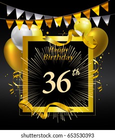 36 years anniversary celebration design. with confetti, balloon and flag golden colored isolated on black background, vector design for greeting card and invitation card