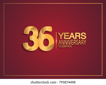36 years anniversary celebration design with golden color isolated on red background for celebration event