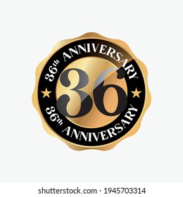 36 Years Anniversary Celebration. Anniversary logo with circle and elegance golden color isolated on black background, vector design