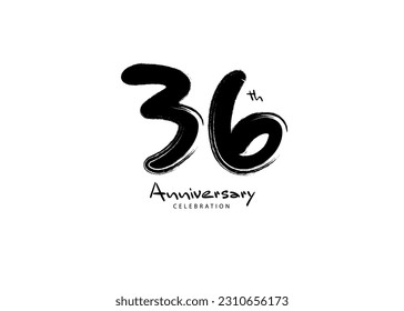 Logo de la celebración de los 36 años vector de pincel negro, diseño del logo de 36 números, logotipo de los 36 cumpleaños, aniversario feliz, aniversario vector para la celebración, afiche, tarjeta de invitación