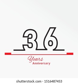 36 years anniversary celebration logotype. anniversary logo with red, white and black color isolated on white background, vector design for celebration, invitation card, and greeting card