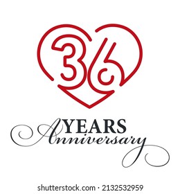 36 years anniversary celebration number thirty bounded by a loving heart red modern love line design logo icon white background