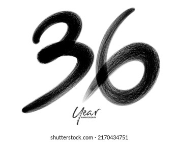 36 Years Anniversary Celebration Vector Template, 36 Years  logo design, 36th birthday, Black Lettering Numbers brush drawing hand drawn sketch, number logo design vector illustration