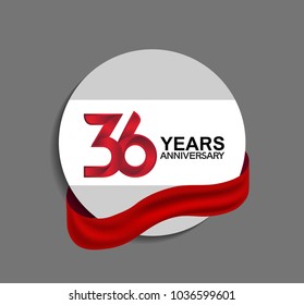 36 years anniversary design in circle red ribbon for celebration event 