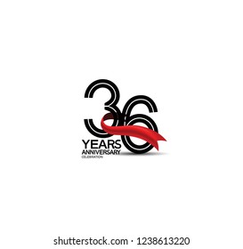 36 years anniversary flat black color and red ribbon isolated on white background