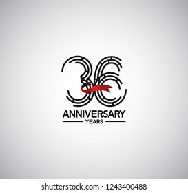 36 years anniversary flat design with labyrinth style number and red ribbon