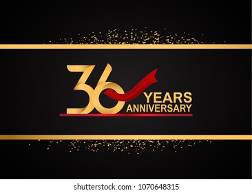 36 years anniversary golden design with red ribbon and glitter background for celebration