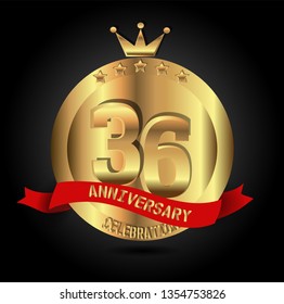 36 years anniversary with golden font, circle, crown, and star with red ribbon. anniversary text on top ribbon. Design like coin or medal with crown on top. My all design can see in my portofolio