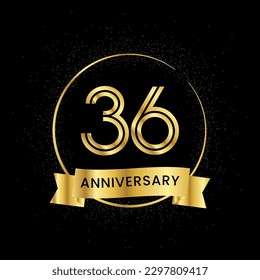 36 years anniversary inside a golden circle and glitter spread on a black background. Golden number anniversary