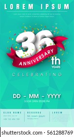 36 years anniversary invitation card or emblem - celebration template design , 36th anniversary modern design elements with background polygon and pink ribbon - vector illustration
