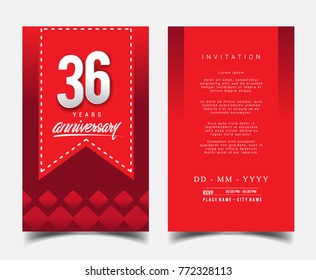 36 Years Anniversary Invitation/Greeting Card with Flat Design and Elegant, Isolated on Red Background. Vector illustration.