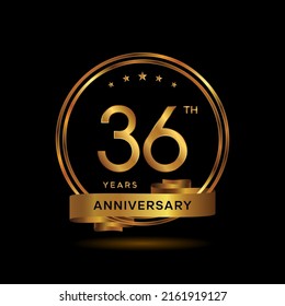 36 years anniversary logo with gold color and ribbon for booklet, leaflet, magazine, brochure poster, banner, web, invitation or greeting card. Vector illustrations.