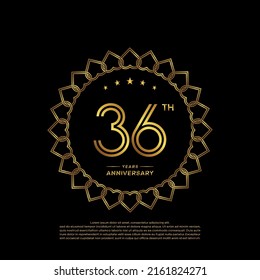 36 years anniversary logo with golden color and laurel, isolated on black background for booklet, leaflet, magazine, brochure poster, banner, web, invitation or greeting card. Vector illustrations.