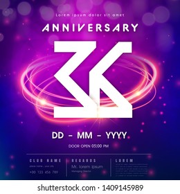 36 years anniversary logo template on purple Abstract futuristic space background. 36th modern technology design celebrating numbers with Hi-tech network digital technology concept design elements.