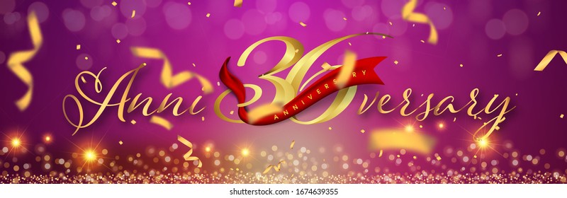 36 Jahre Jubiläumslogo-Vorlage auf goldenem und violettem Hintergrund. 36. Goldene Zahlen mit roter Bänder-Vektorillustration und konfetti-isolierten Designelementen