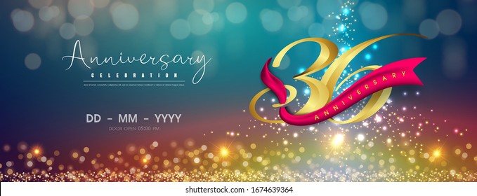 36 years anniversary logo template on gold and blue background. 36th celebrating golden numbers with red ribbon vector and confetti isolated design elements