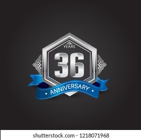 36 years anniversary logotype design with blue ribbon, silver hexagon, and ornament isolated on dark background. Vector template for celebration company event, greeting card, and invitation card