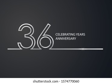 36 Years Anniversary logotype with silver colored font numbers made of one connected line, isolated on black background for company celebration event, birthday - Vector