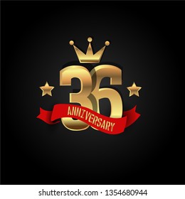 36 years Anniversary simple design with golden font, star and crown and red ribbon. Red ribbon and golden text on top golden number. My all design can see in my portofolio