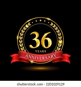 36 Years Anniversary template design, with shiny ring and red ribbon, laurel wreath isolated on black background, logo vector