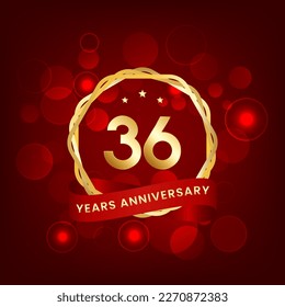 36 years anniversary. Anniversary template design with gold number and red ribbon, design for event, invitation card, greeting card, banner, poster, flyer, book cover and print. Vector Eps10