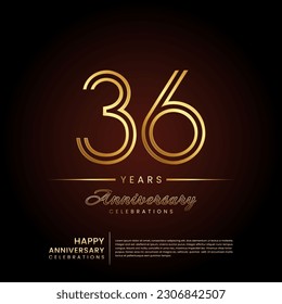 36 years anniversary, anniversary template design with double line number and golden text for birthday celebration event, invitation, banner poster, flyer, and greeting card, vector template