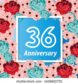 36 Years anniversary. Vector design greeting card with decorative floral for celebration