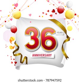 36 years anniversary vector illustration, banner, flyer, logo, icon, symbol. Graphic design element with flag, balloon, ribbon, confetty. Birthday greeting, event celebration