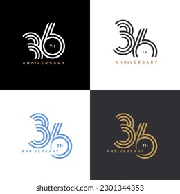 36 years anniversary vector number icon, birthday logo label, black, white and colors stripe number