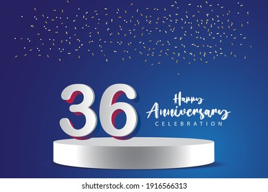 Ilustración de diseño de plantillas vectoriales de 36 años de aniversario. Números 3d azules con escenario de podio para celebración