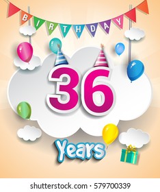 36 Years Birthday Design for greeting cards and poster, with clouds and gift box, balloons. using Paper Art Design Style. vector elements for anniversary celebration.