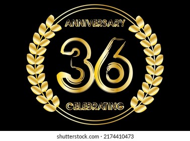 36 years gold anniversary celebration luxury logo. Vector with golden crown for birthday year isolated on black background.