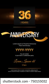 36 Years Golden Anniversary Logo Celebration and Invitation Card with gold ribbon Isolated on Dark  Background
