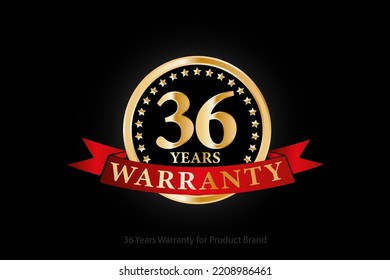 36 years golden warranty logo with ring and red ribbon isolated on black background, vector design for product warranty, guarantee, service, corporate, and your business.
