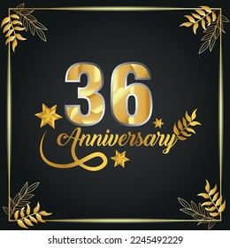 36 years old luxurious logo. anniversary year of vector gold colored template framed of palms.
